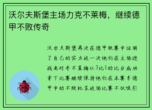 沃尔夫斯堡主场力克不莱梅，继续德甲不败传奇