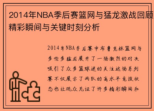 2014年NBA季后赛篮网与猛龙激战回顾精彩瞬间与关键时刻分析